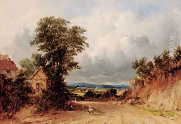 Figures and sheep on a track, Malvern, Worcestershire Oil Painting by Alfred Vickers