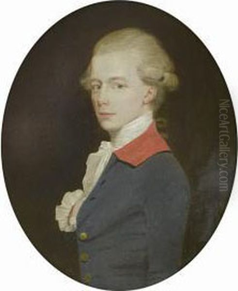 Portrait Of A Gentleman, 
Half-length, In A Blue Coat With Red Collar And A White Lace Jabot Oil Painting by John Downman