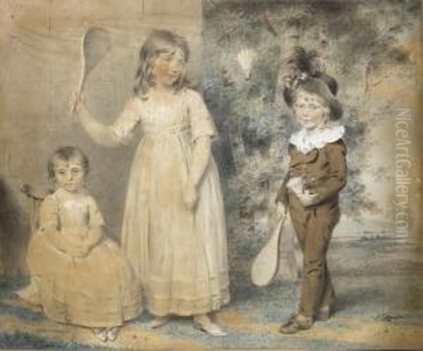 Portrait Of Ellen, George, Frederick And Amelia Ray, Playingshuttle-cock Oil Painting by John Downman