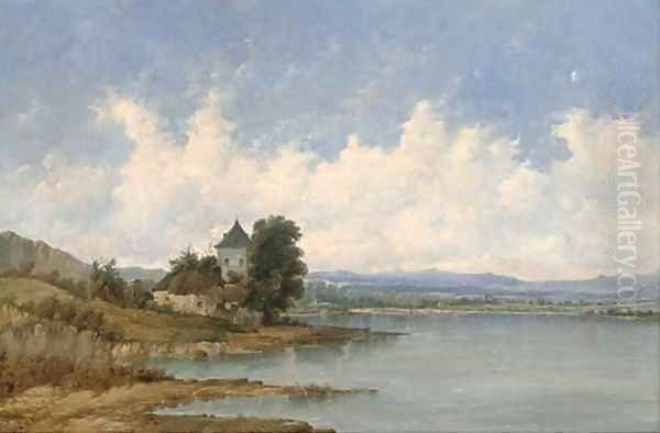 A tower beside a river Oil Painting by Alfred Vickers