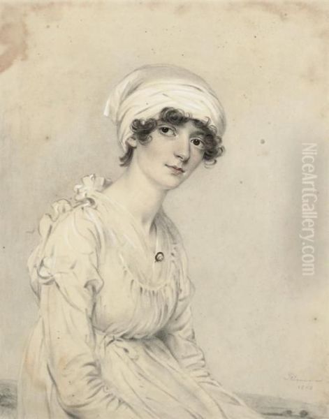 Portrait Of A Woman, Seated, Half-length, In A White Dress Andcap Oil Painting by John Downman