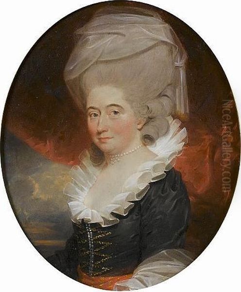 Portrait Of A Lady, Bust-length,
 In A Black Dress With A Red And Gold Sash And White Collar, Seated 
Before A Red Curtain, A View To A Landscape Beyond Oil Painting by John Downman