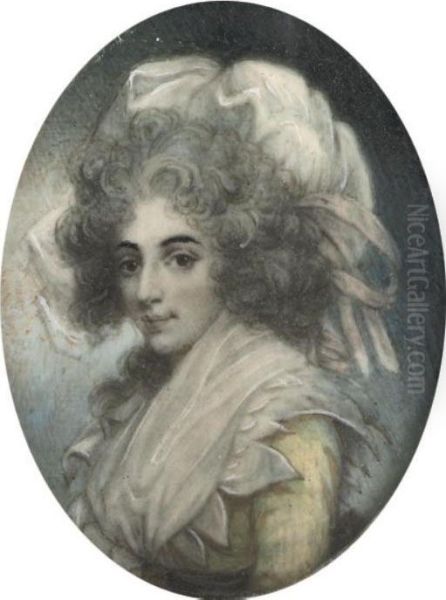 Sarah Siddons (nee Kemble), In 
Yellow Dress And White Fichu, Wearing A Large Headress With Pink Ribbons
 On Her Powdered Hair Oil Painting by John Downman