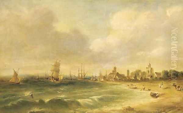 Figures on the foreshore, a busy harbour beyond Oil Painting by Alfred Vickers