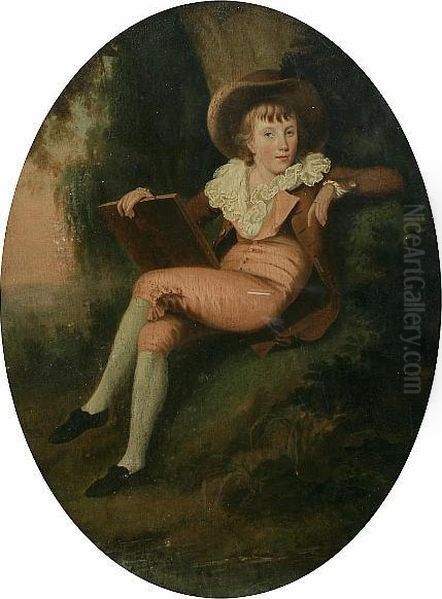 Young Boy Seated Before A Tree, Holding A Book Oil Painting by John Downman