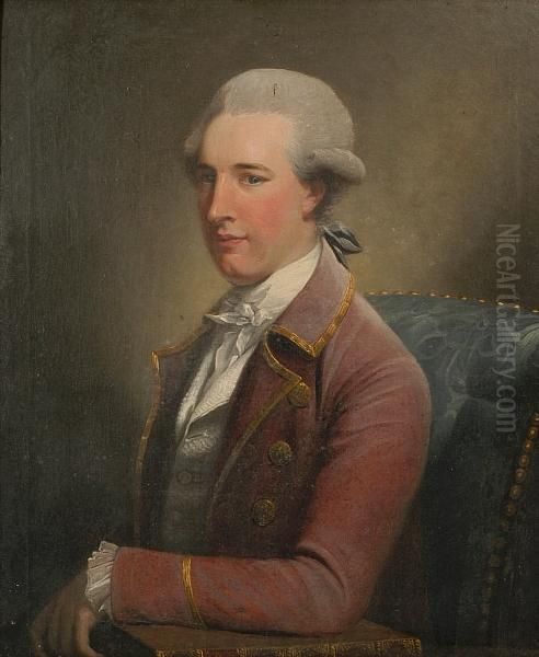 A Portrait Of Thomas Mills Of 
Saxham Hall, Suffolk, Seated Half Length With Powdered Hair And Red Coat
 With Gold Braiding, His Left Arm Leaning On A Book Oil Painting by John Downman