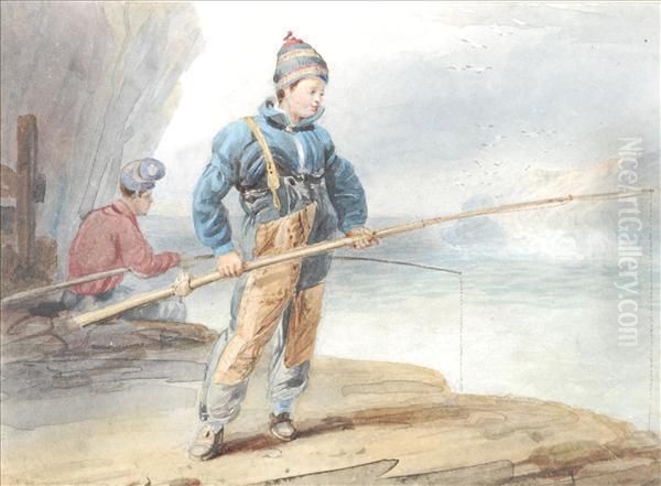 Boys Fishing Oil Painting by Edward Duncan