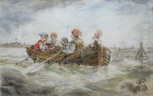 Five Children In A Boat At Northwich Oil Painting by Edward Duncan