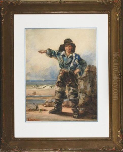 Young Clammer Signalling The Incoming Tide Oil Painting by Edward Duncan