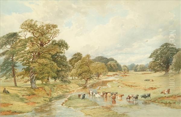 A River Landscapewith Cattle Watering Oil Painting by Edward Duncan