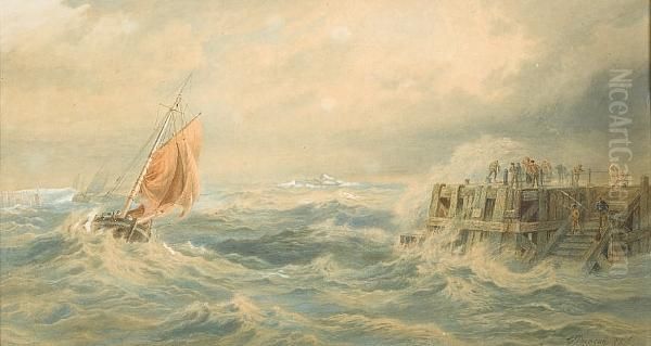 Fishing Boats Entering A Harbour In A Storm Oil Painting by Edward Duncan