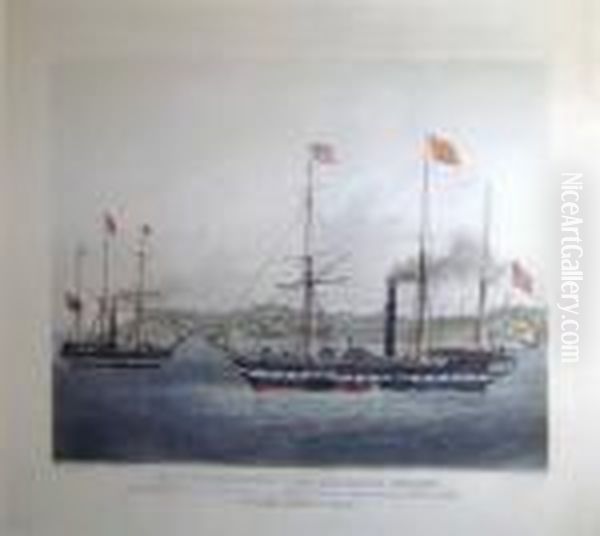 After William John Huggins , 
'ships Of The Steam Navigation Company', Handcoloured Engraving, 47.5cm X
 70.5cm, Framed Oil Painting by Edward Duncan