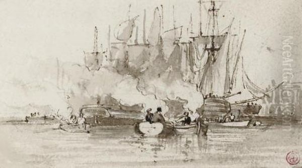 Warships Firing A Salute Oil Painting by Edward Duncan