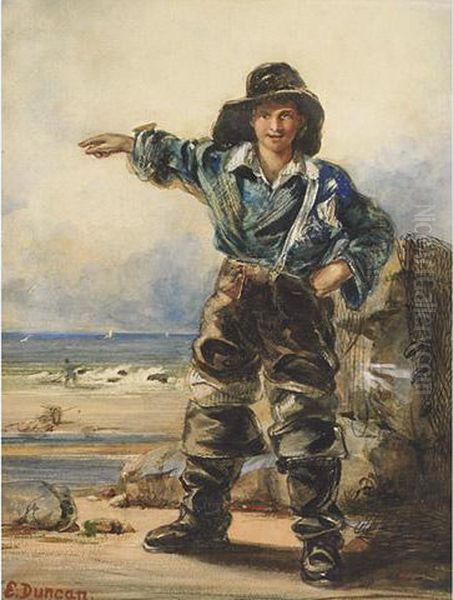 Young Clammer Signalling The Incoming Catch Oil Painting by Edward Duncan