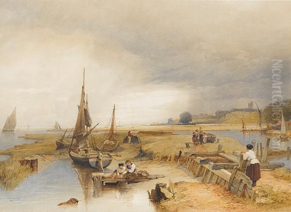 Children Fishing In An Estuary Oil Painting by Edward Duncan