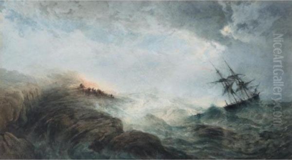 A Ship In Distress, With Figures On The Shore Firing A Rocket Oil Painting by Edward Duncan