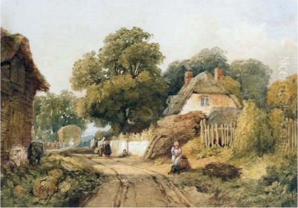 Harvesters In A Country Village Oil Painting by Edward Duncan