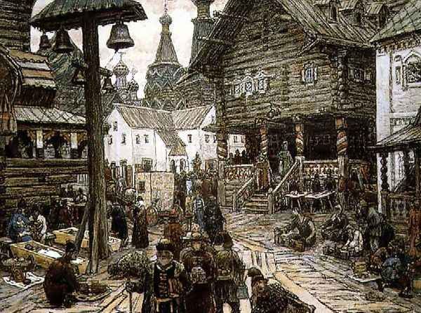 At the crossroads in Kitay Gorod, Moscow, 1912 Oil Painting by Apollinari Mikhailovich Vasnetsov