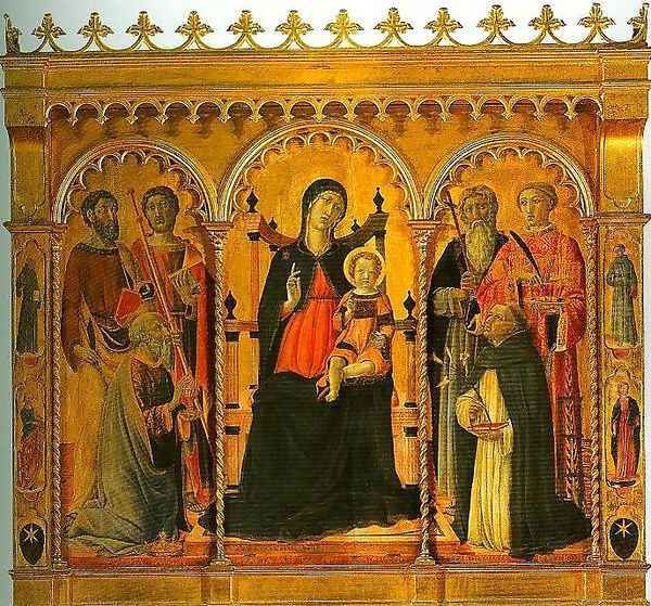 Madonna and Child Enthroned with SS Bartholomew James Eligius Andrew Lawrence and Dominic by Vecchietta