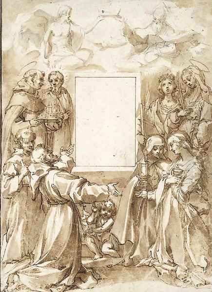 Design For An Altarpiece Eight Saints And The Holy Trinity Surrounding The Empty Frame Of An Early Image Of The Virgin Oil Painting by Francesco Vanni