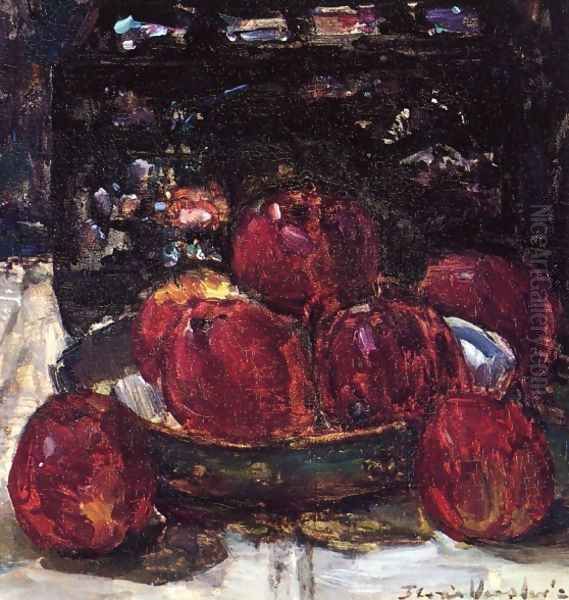 A Still Life with Red Apples on a Dish and a Japanese Lacquer Box Oil Painting by Floris Verster