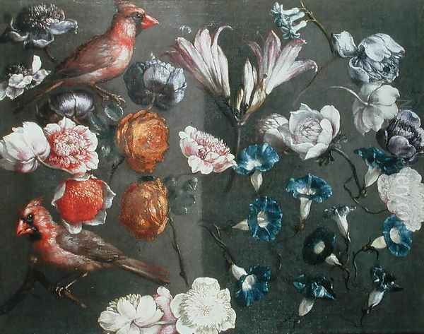 A Study of Peonies, Convolvulus, Lilies and two Finches Oil Painting by Gaspar Peeter The Elder Verbruggen