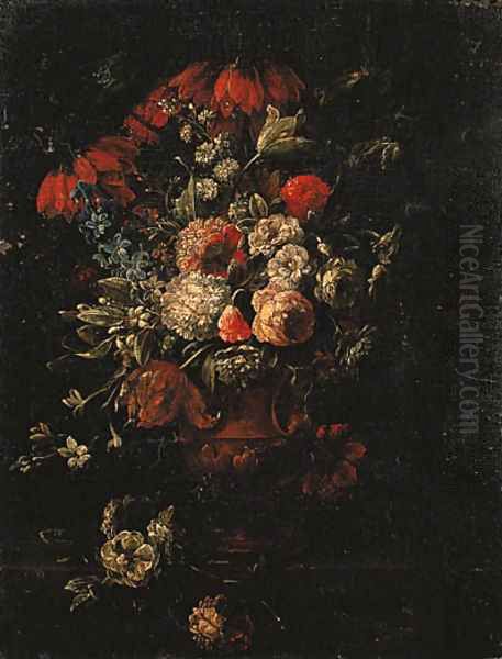 Roses, tulips, hyacinths and other flowers in a terracotta vase on a ledge Oil Painting by Gaspar Peeter The Elder Verbruggen