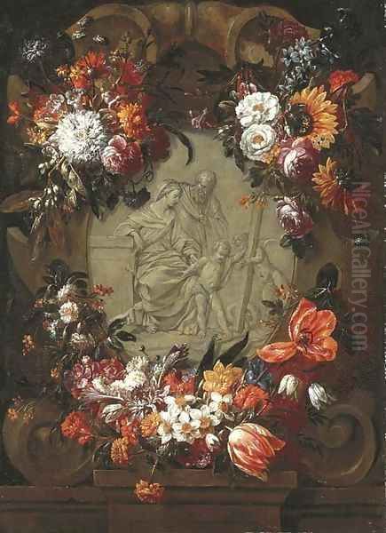 A garland of tulips, daffodils, carnations, sunflowers and other flowers around a stone cartouche with the Holy Family and the Infant Saint John Oil Painting by Gaspar Peeter The Elder Verbruggen