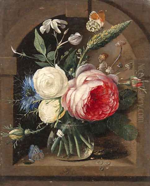 Roses, a cornflower and wildflowers in a vase with two butterflies in a niche Oil Painting by Gaspar Peeter The Elder Verbruggen