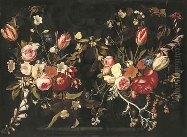 A garland of roses, tulips, cornflowers, foxgloves and other flowers against a stone cartouche Oil Painting by Gaspar Peeter The Elder Verbruggen