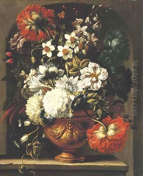 Peonies, roses, chrysanthemums, narcissi, morning glory and other flowers in an urn on a stone ledge Oil Painting by Gaspar Peeter The Elder Verbruggen