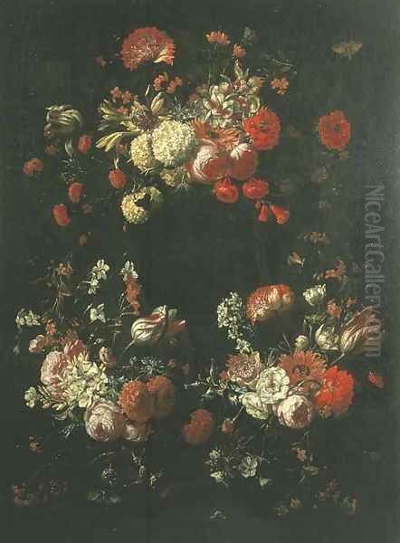 Tulips, roses, narcissi, peonies in a circular garland Oil Painting by Gaspar Peeter The Elder Verbruggen