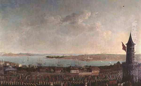 View of Constantinople with a procession of janissaries passing the Galata Tower Oil Painting by Jean Baptiste Vanmour