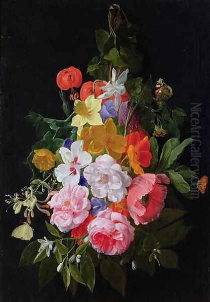 A Swag of Roses and other Flowers Hanging from a Nail Oil Painting by Nicholaes van Verendael