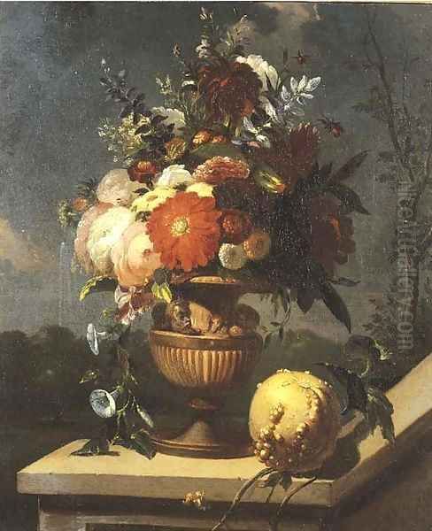 Roses and other flowers in a sculpted vase on a pedestal with an orange lying, an Italianate landscape beyond Oil Painting by Caspar Pieter I Verbrugghen