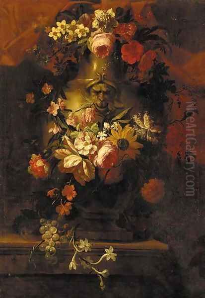 Roses, carnations, daffodils, a sunflower and other flowers in a stone urn, with grapes on the vine on a stone ledge Oil Painting by Caspar Pieter I Verbrugghen