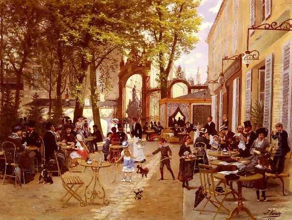 La Terrasse Du cafe Du Glacier, Place Stanislas A Nancy (The Terrace of the Glacier Café, Stanislas Place at Nancy) Oil Painting by Leon Joseph Voirin