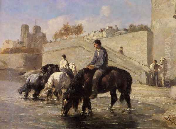 Chevaux s'Abreuvant dans la Seine Derriere Notre Dame Oil Painting by Jules Jacques Veyrassat