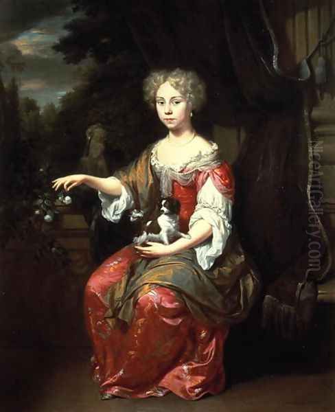 Portrait of a Lady holding her pet King Charles Spaniel Oil Painting by Jan Verkolje