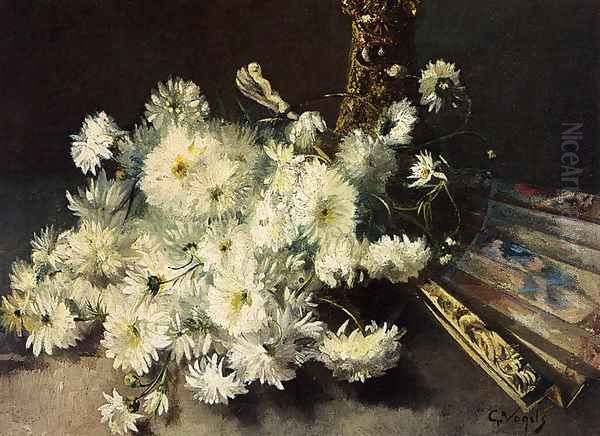 A Still Life With Chrysanthemums And A Fan Oil Painting by Guillaume Vogels