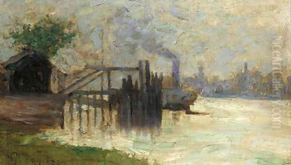 A steam boat by a jetty Oil Painting by Guillaume Vogels