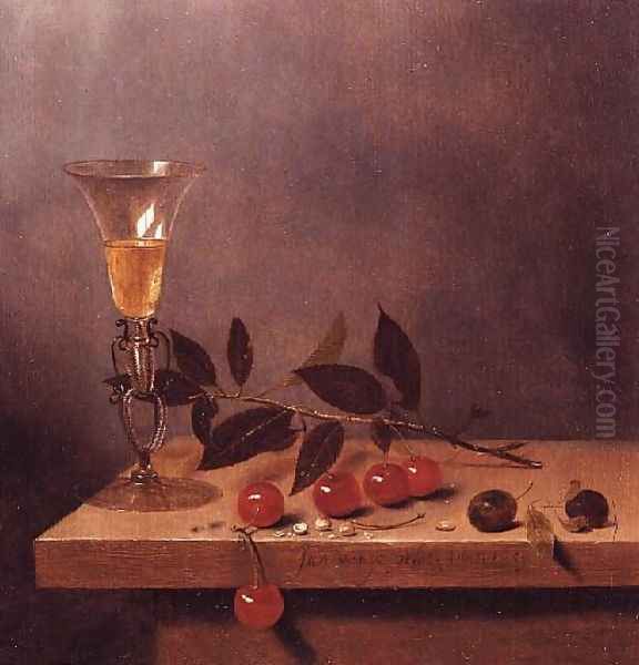 Facon de Venise Wine Glass and Cherries on a Ledge Oil Painting by Jan III van de Velde