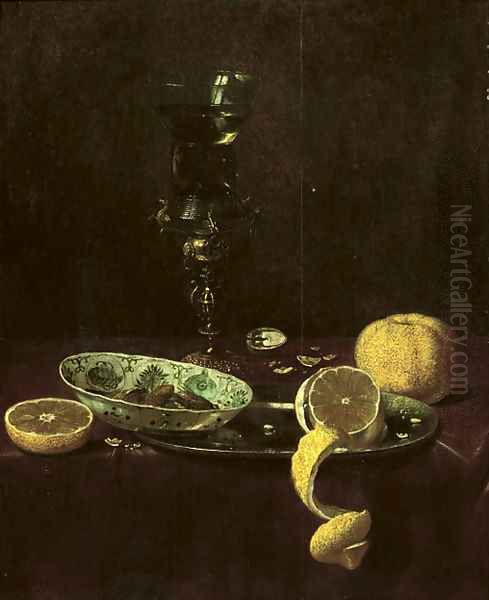 A 'kraak' porcelain bowl resting on a pewter plate with a peeled lemon, an orange and nuts near a 'roemer' on a gilt stand Oil Painting by Jan III van de Velde