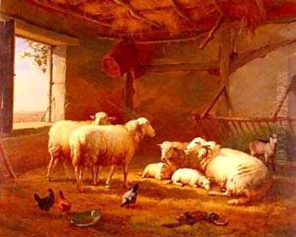 Sheep With Chickens And A Goat In a Barn Oil Painting by Eduard Veith