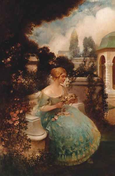 A young lady in a garden making a garland Oil Painting by Eduard Veith