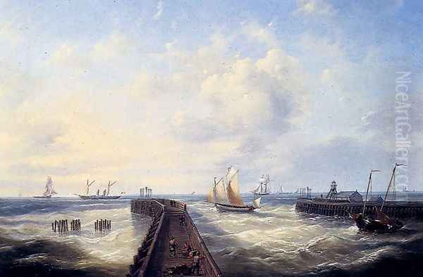 Fishing Boats Off A Jetty At Ostend Oil Painting by Louis Verboeckhoven