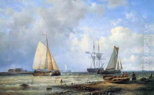 Fishing Vessels by the Shore Oil Painting by Louis Verboeckhoven