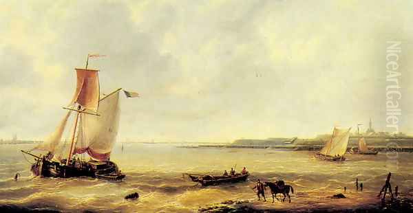 Fishing off a Jetty with a Village Beyond Oil Painting by Louis Verboeckhoven