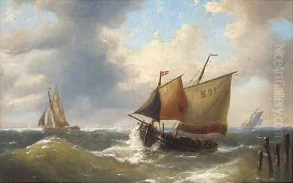 A Boulogne lugger offshore in a swell Oil Painting by Louis Verboeckhoven