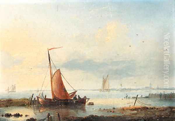 Boats in a harbor Oil Painting by Louis Verboeckhoven